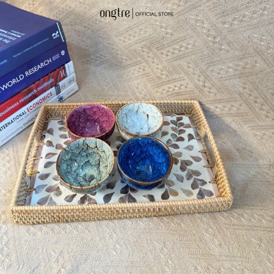 Khay Mây Chữ Nhật ONGTRE Có Tay Cầm - Khay Mây Khảm Trai Cao Cấp, Đựng Hoa Quả, Bánh, Decor Bàn Ăn, Phòng Khách