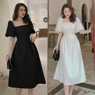 Đầm Đi Tiệc Thiết Kế Xếp Eo Tay Phồng 2 Màu Trắng Đen May 2 Lớp Chất Cotton Co Giãn HNK318
