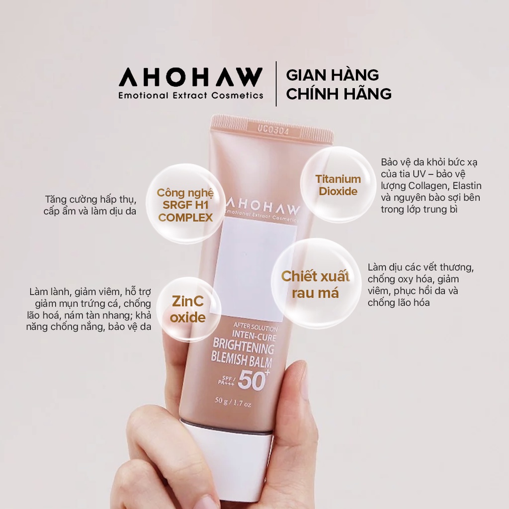 Kem Che Khuyết Điểm SPF50/PA+++ AHOHAW Inten-Cure Brightening Blemish Balm 50g - Nâng Tone Da Tự Nhiên, Chống Tia UV