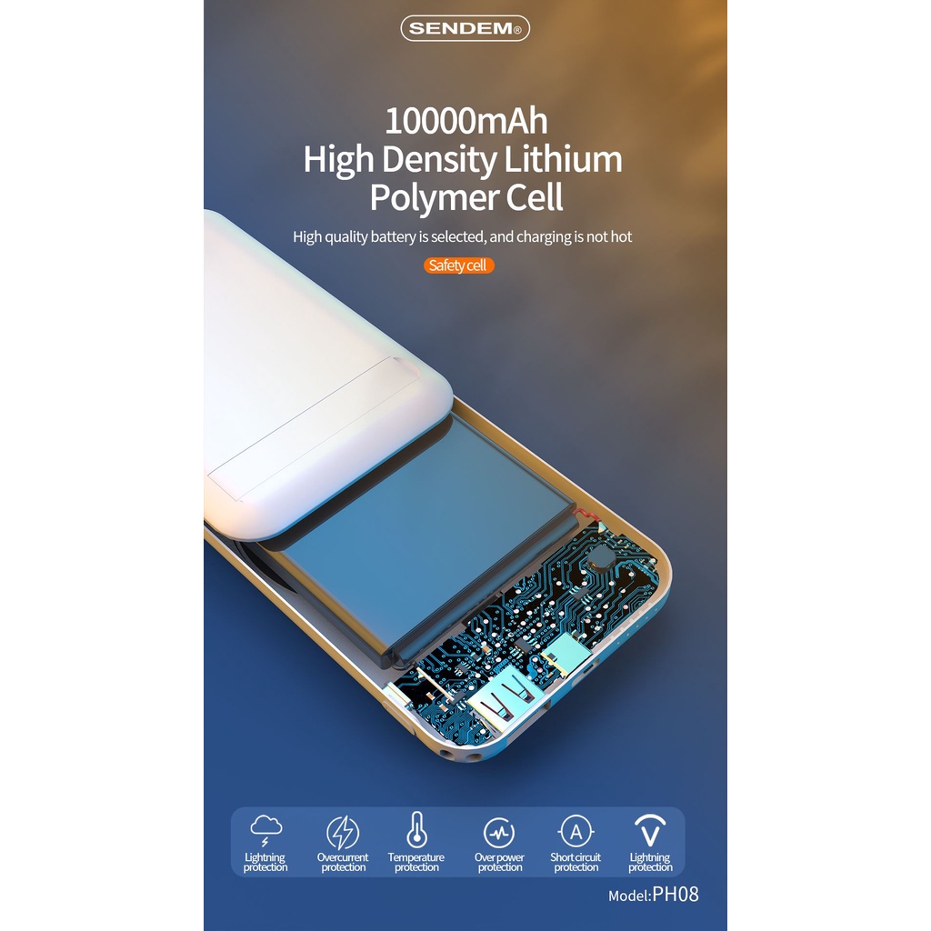 Pin sạc dự phòng không dây từ tính SENDEM PH08 10000Mah sạc nhanh không dây 15W/ PD22.5W, Hàng chính hãng