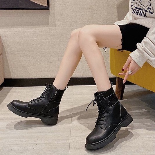 Giày Bốt Martin Da Mềm Đế Bằng Phối Khóa Kéo Bên Hông Size 35-43 Phong Cách Anh Quốc Thời Trang Cho Nữ