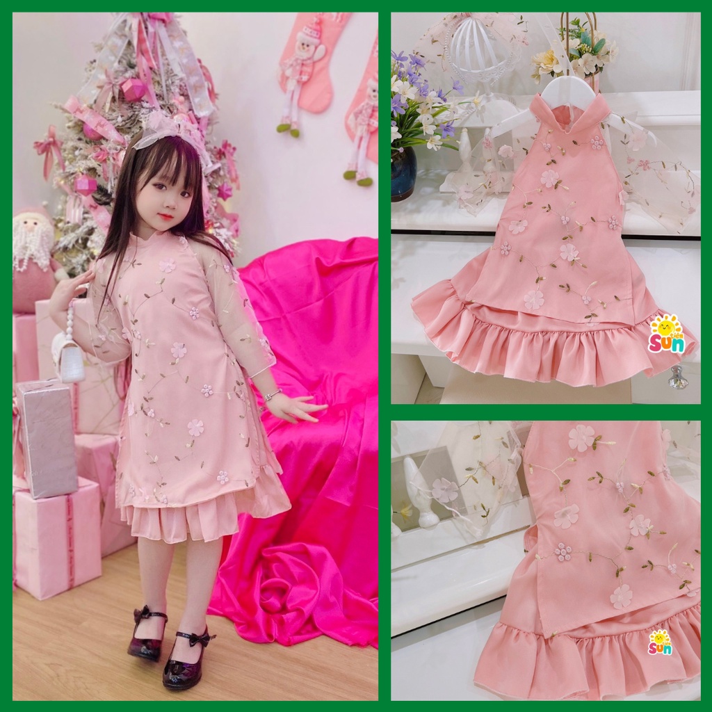 𝗔̉𝗻𝗵 𝘁𝗵𝗮̣̂𝘁 - 𝗖𝗼́ 𝘃𝗶𝗱𝗲𝗼, tặng cài tóc, áo dài cách tân cho bé gái từ 6 đến 30kg, 2 lớp xịn đẹp
