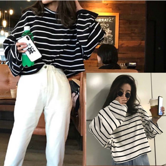 Áo Thun Croptop Nữ Dài Tay kẻ Đen Trắng Mẫu Mới Cực Xinh A063 Áo Phông Crt Chất Đẹp Phong Cách