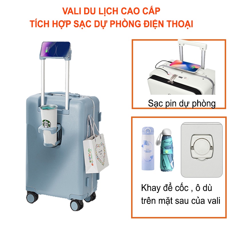 Vali kéo cao cấp tích hợp khóa hải quan TSA, Vali công tác có ngăn chứa laptop, ipad kèm có sạc dự phòng điện thoại