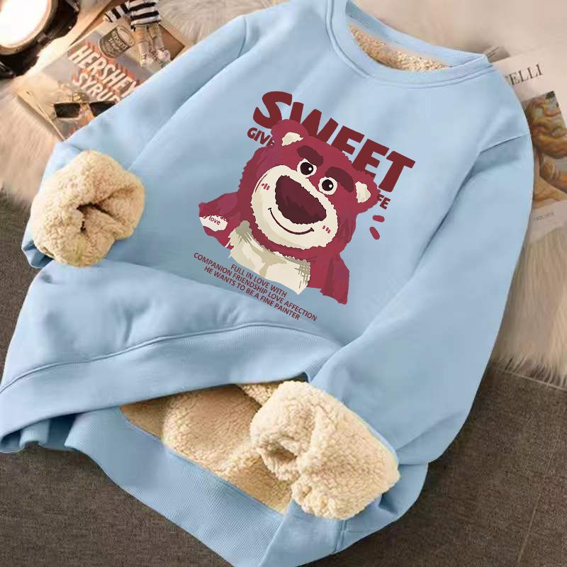 [Hàng Có Sẵn] Áo Sweater Lông Cừu Tay Dài Dáng Rộng Cổ Tròn In Hình Gấu Dâu Tây Phong Cách Hàn Quốc Mới | BigBuy360 - bigbuy360.vn