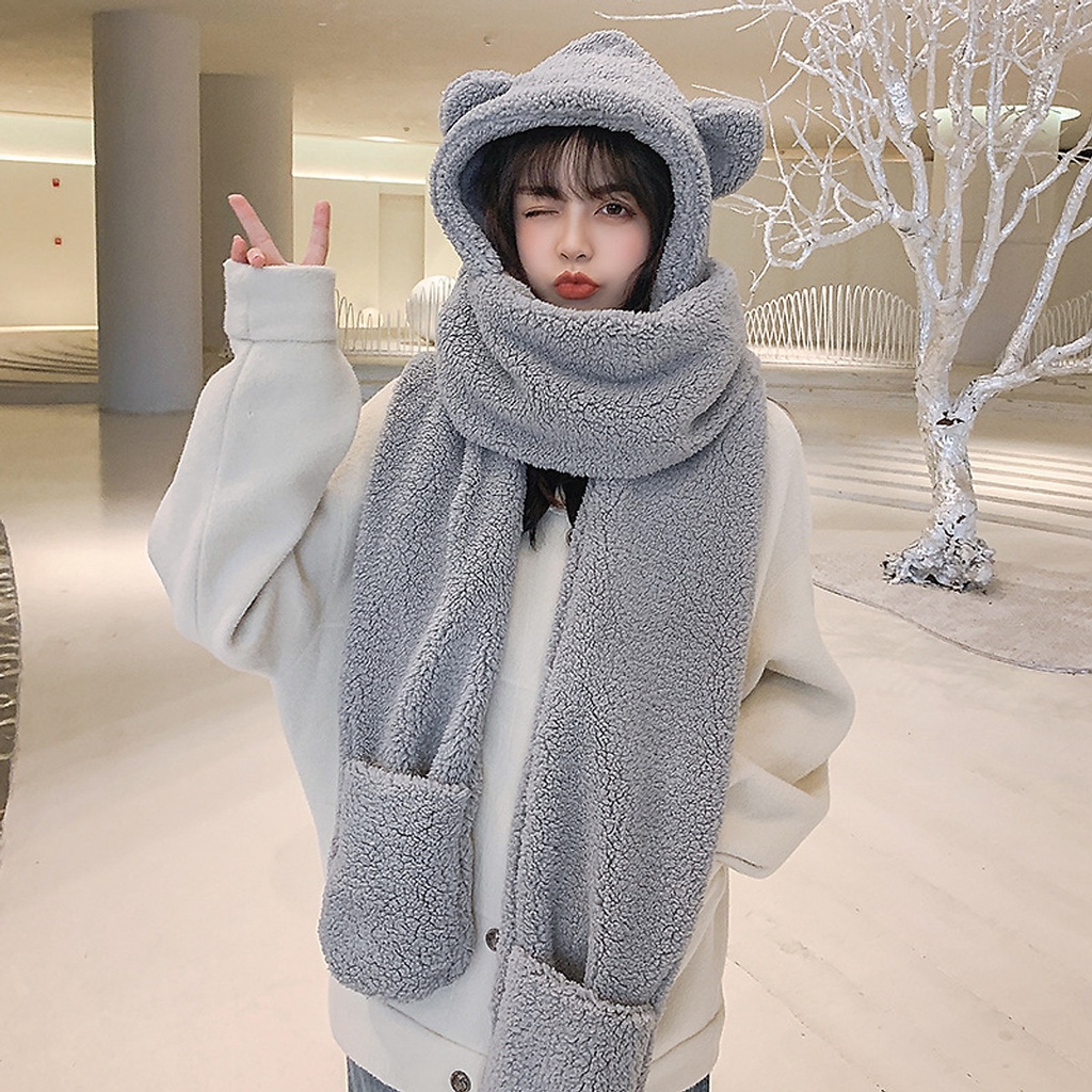 Mũ len nữ kèm khăn quàng cổ 3 trong 1,nón lông cừu tai gấu kèm găng tay mùa đông cute ấm áp-XINHXINHSHOP*