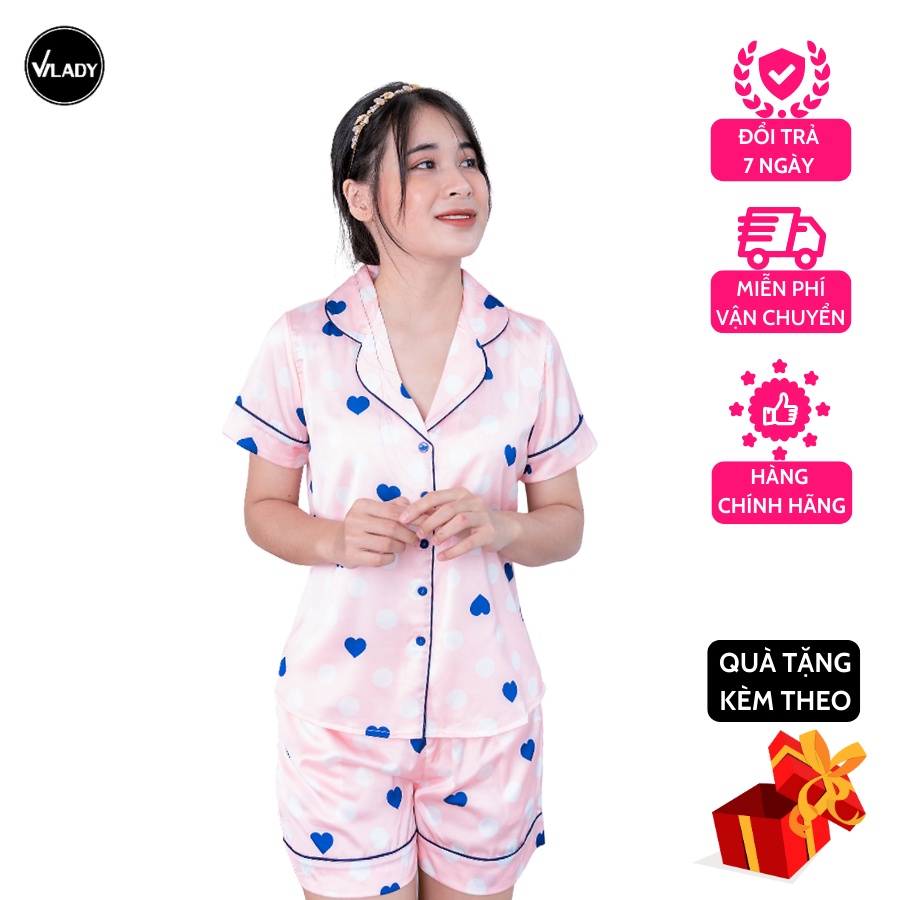 Bộ Đồ Ngủ Nữ Pyjama Vilady Lụa Pháp Cao Cấp Hoạ Tiết Trái Tim Chấm Bi Phong Cách Nhẹ Nhàng