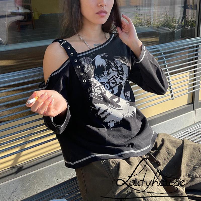 Áo Thun Dài Tay Lệch Vai Phong Cách Gothic Thời Trang Cho Nữ