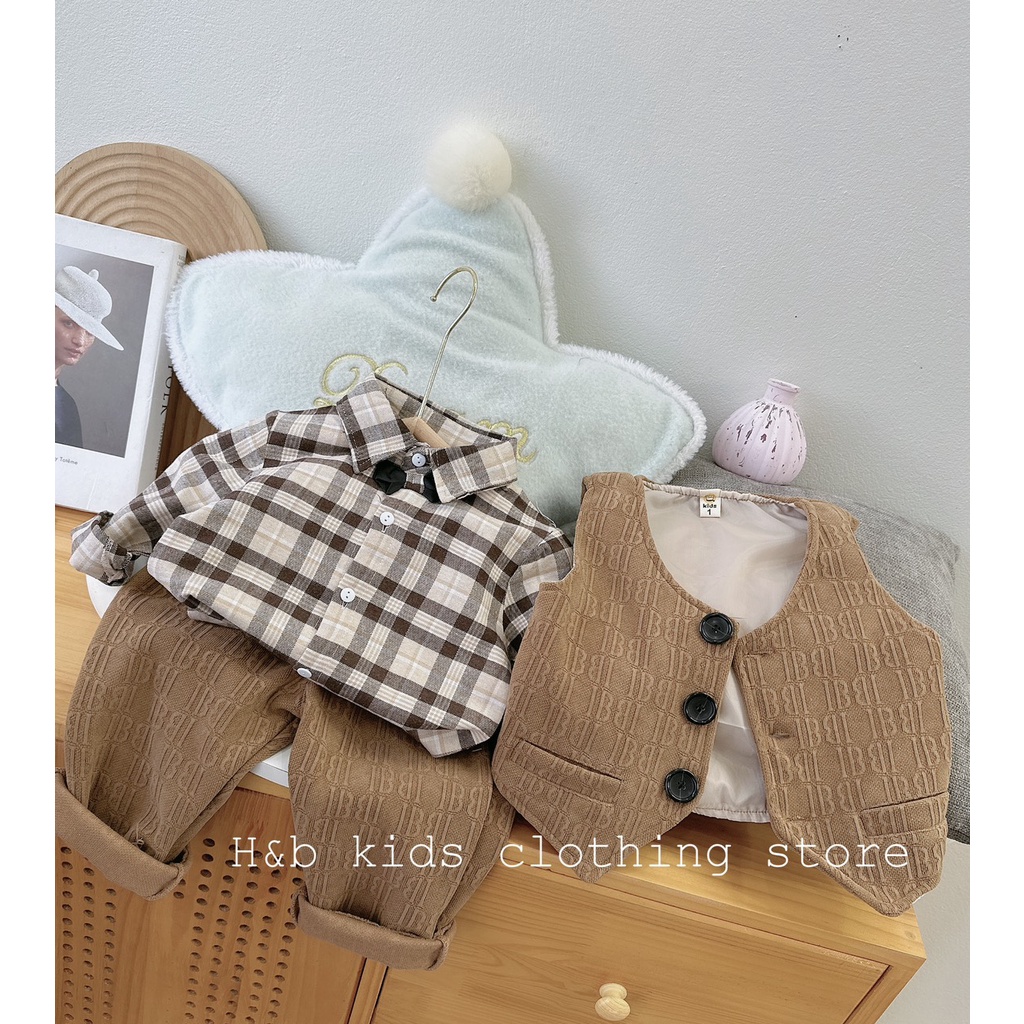 Bộ vest 3 chi tiết kèm nơ cho bé trai từ 8-18kg diện Lễ, Tết- Bộ vest nhung bé trai- Bộ gile bé trai Kidbabyonline K167