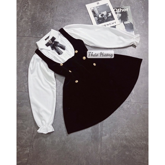 Set váy yếm nhung + áo sơ mi tay bồng tag nơ