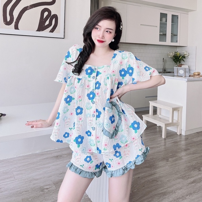 BIGSIZE Đồ Ngủ SOJUN Bộ Mặc Nhà Nữ Túi Tim Chất Vải Đũi Xốp 55-75 kg