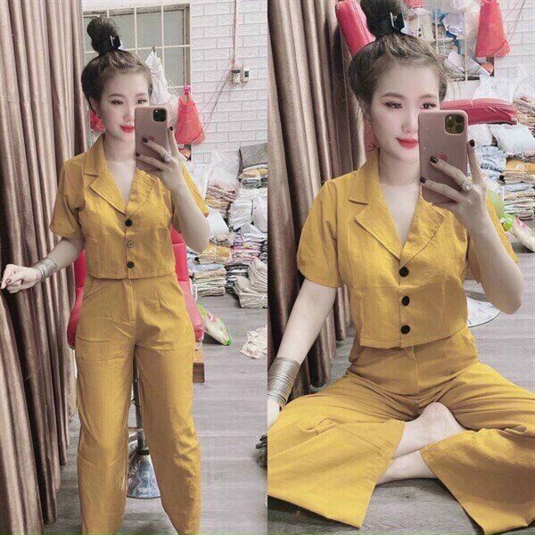 sét bộ kate nữ áo 3 nút vets crtop vãi for quần ống suông có lưng chun ba màu vàng đen be