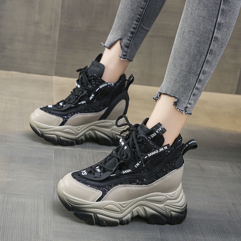 Giày Thể Thao Cao Gót Mũi Tròn Đế Dày Buộc Dây Phong Cách Châu Âu Giản Dị