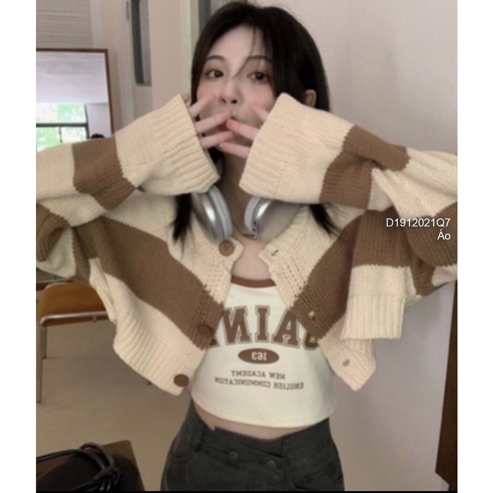 Áo len phối sọc dáng croptop gài nút tay dài hàng đẹp QC!