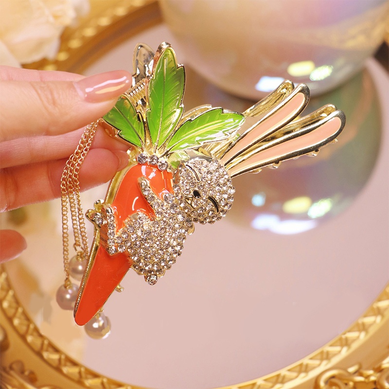 Kẹp Tóc Tua Rua Hình Thỏ Đính Đá Mừng Năm Mới Cho Bé Gái