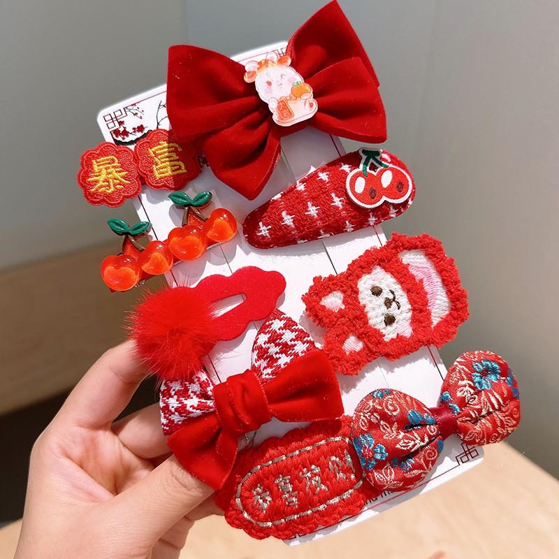 PVN56680 Set 9 Kẹp Tóc Hình Nơ Thêu Họa Tiết Phong Cách Trung Hoa Mừng Năm Mới Cho Bé Gái