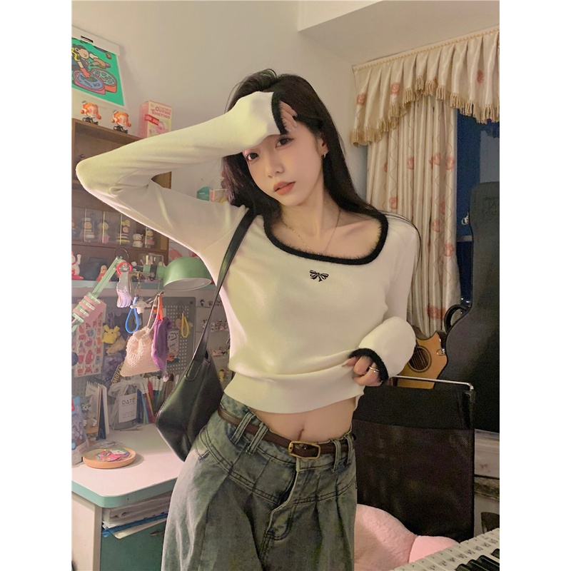 ZHELIHANGFEI Áo Dệt Kim Tay Dài Cổ Vuông Eo Cao Quyến Rũ Dễ Phối Đồ Hợp Thời Trang