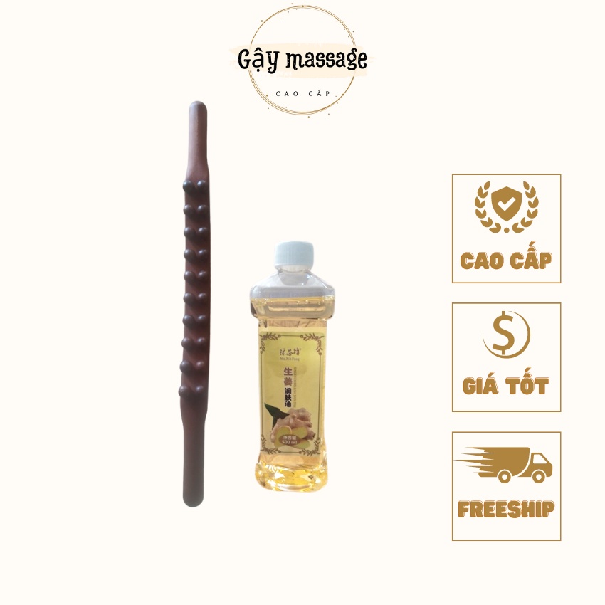 Combo Gậy gỗ Massage Tặng 500ml Dầu Gừng, Gậy Gỗ Vạn Năng 20 Bi Carbon 60cm Đánh Tan Mỡ Bụng, Đả Thông Kinh Lạc