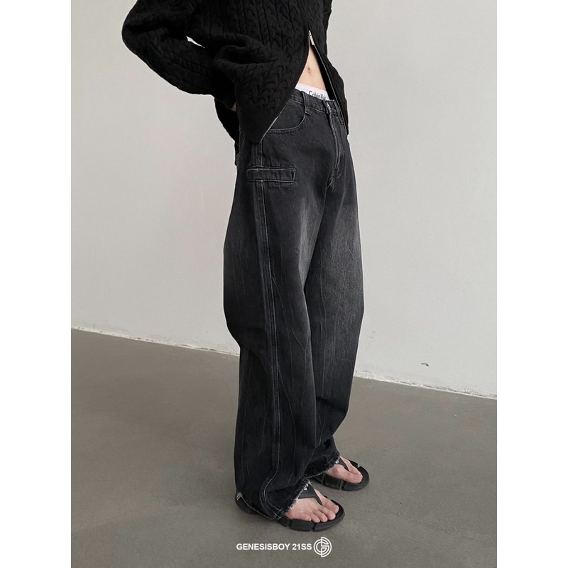 Quần Dài Ống Rộng Thẳng Cao Cấp Mùa Thu Có Thể Giặt Rửa Vết Nứt Màu Đen Xám