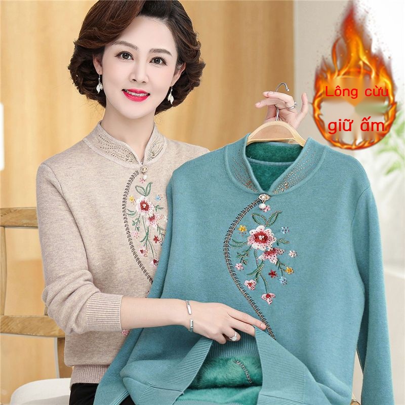 2022 bà mẹ trung niên và cao tuổi cộng với áo len lông cừu ấm áp mùa đông mới dệt kim cổ cao nửa người già
