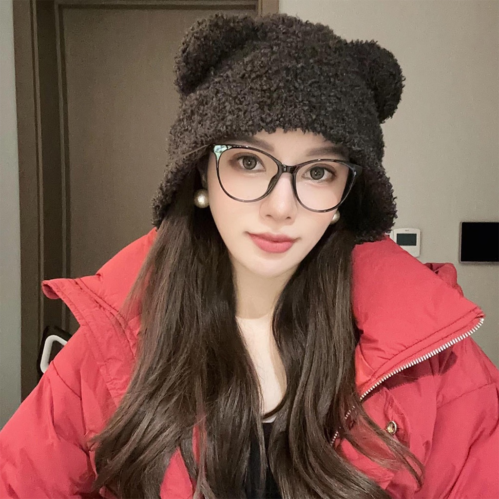 Mũ Len Dệt Kim Dày Dặn Đính Tai Gấu Dễ Thương Thời Trang Mùa Đông Cho Nữ