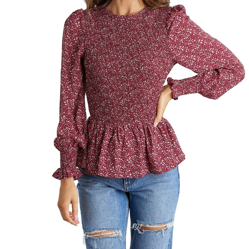 Áo Sơ Mi Peplum Viền Bèo Tay Dài Phồng In Họa Tiết Hoa Cho Nữ