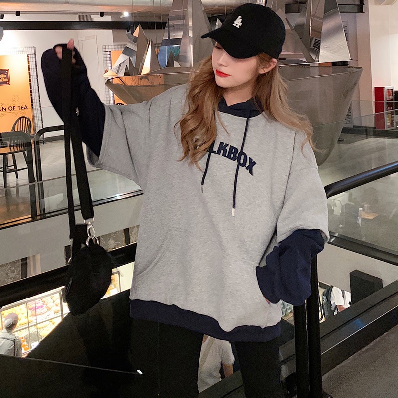Áo Hoodie Giả Hai Lớp Dày Dặn In Chữ Thời Trang Hàn Quốc