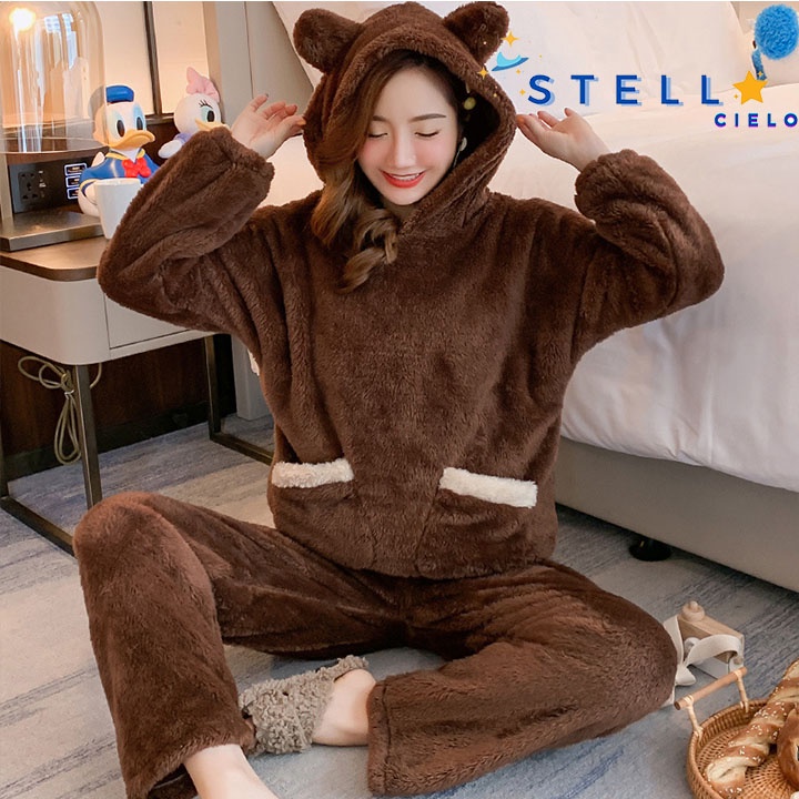 Bộ Đồ Ngủ Nữ Quần Áo Mặc Ở Nhà Dài Tay Vải Nhung Bông Lông Cừu Có Mũ Giữ Nhiệt Ấm Mùa Đông Xuân Thu Hình Tai Gấu