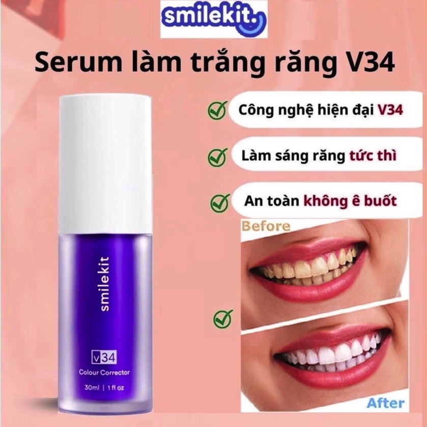 Tinh chất làm trắng răng SmileKit V34 và bột làm trắng răng PAP+, Combo làm trắng răng tức thì, không gây ê buốt