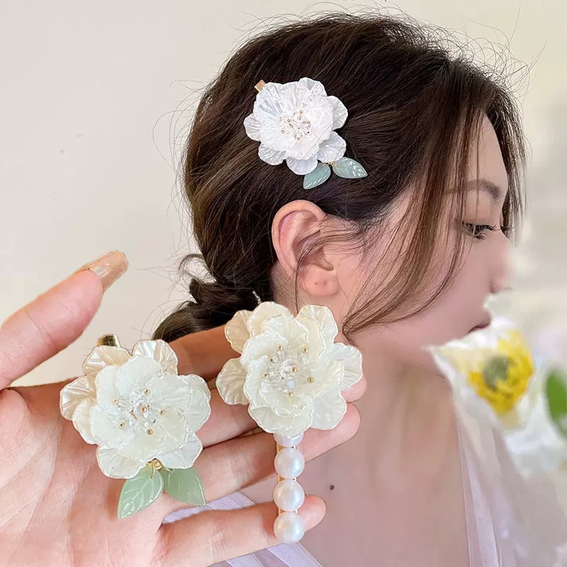 Kẹp Tóc Hình Hoa Chi Trà Đính Ngọc Trai Nhân Tạo Phong Cách Pháp Thời Trang Tinh Tế Cho Nữ