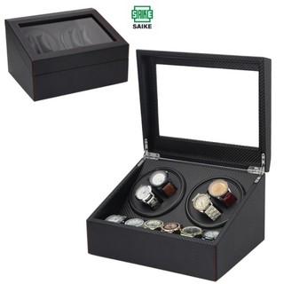 Hộp Đựng Đồng Hồ Cơ Xoay SAIKE S4601 Mẫu 4 Xoay 6 Tĩnh Vỏ Da Carbon Màu Đen