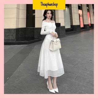 ĐẦM MIDI TRẮNG BẸT VAI TAY DÀI XOẮN NGỰC  [kèm ảnh thật ]