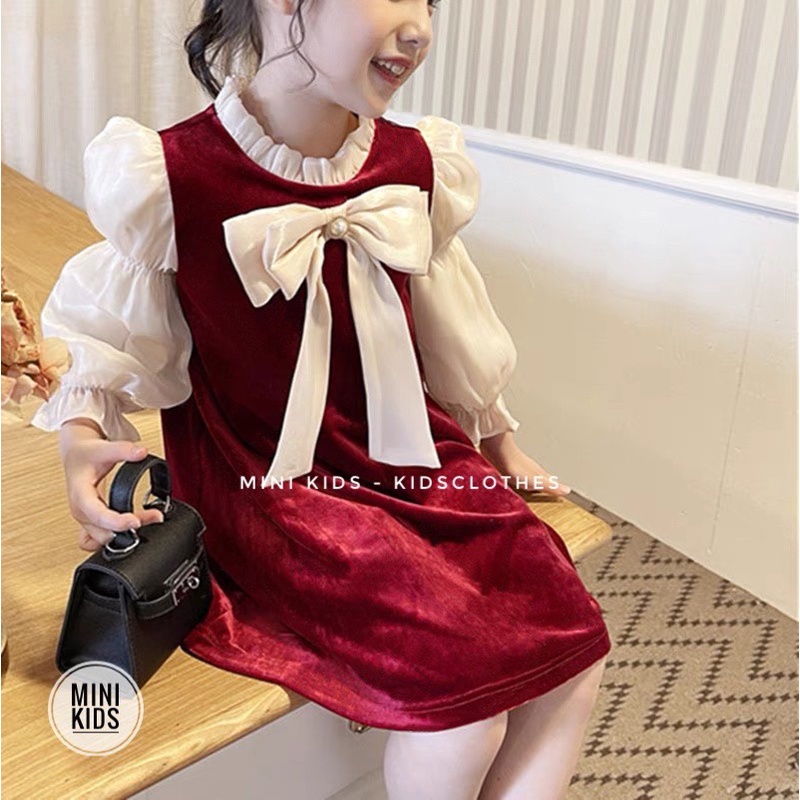Váy nhung đỏ phối voan tơ mềm mại ho bé gái size nhí nhỡ đại D04