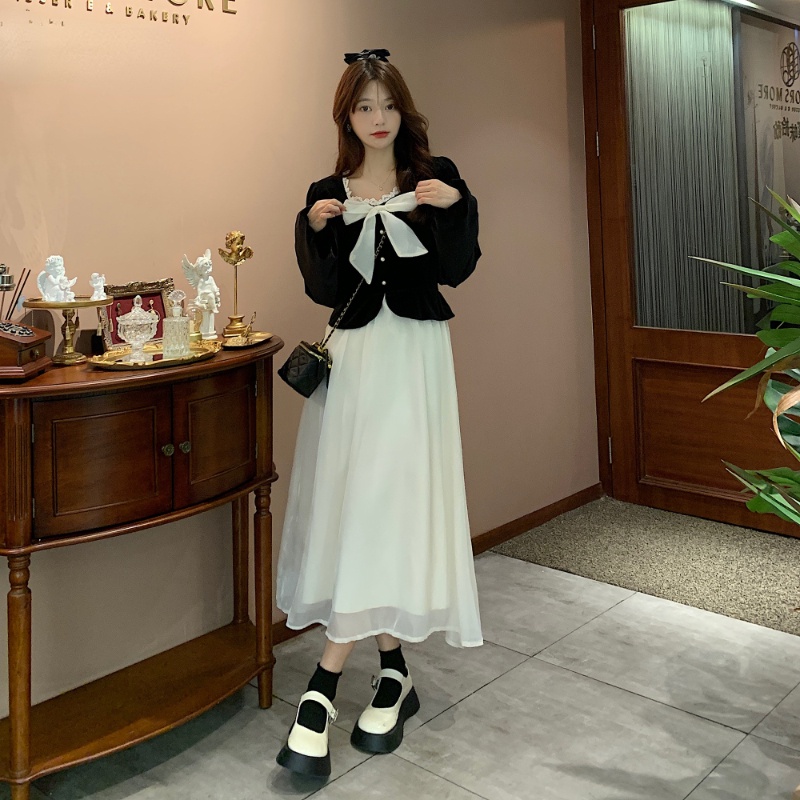 Đầm Chữ A Giả Hai Lớp Tay Dài Dáng Ôm Thời Trang Xuân Thu Dành Cho Bạn Nữ