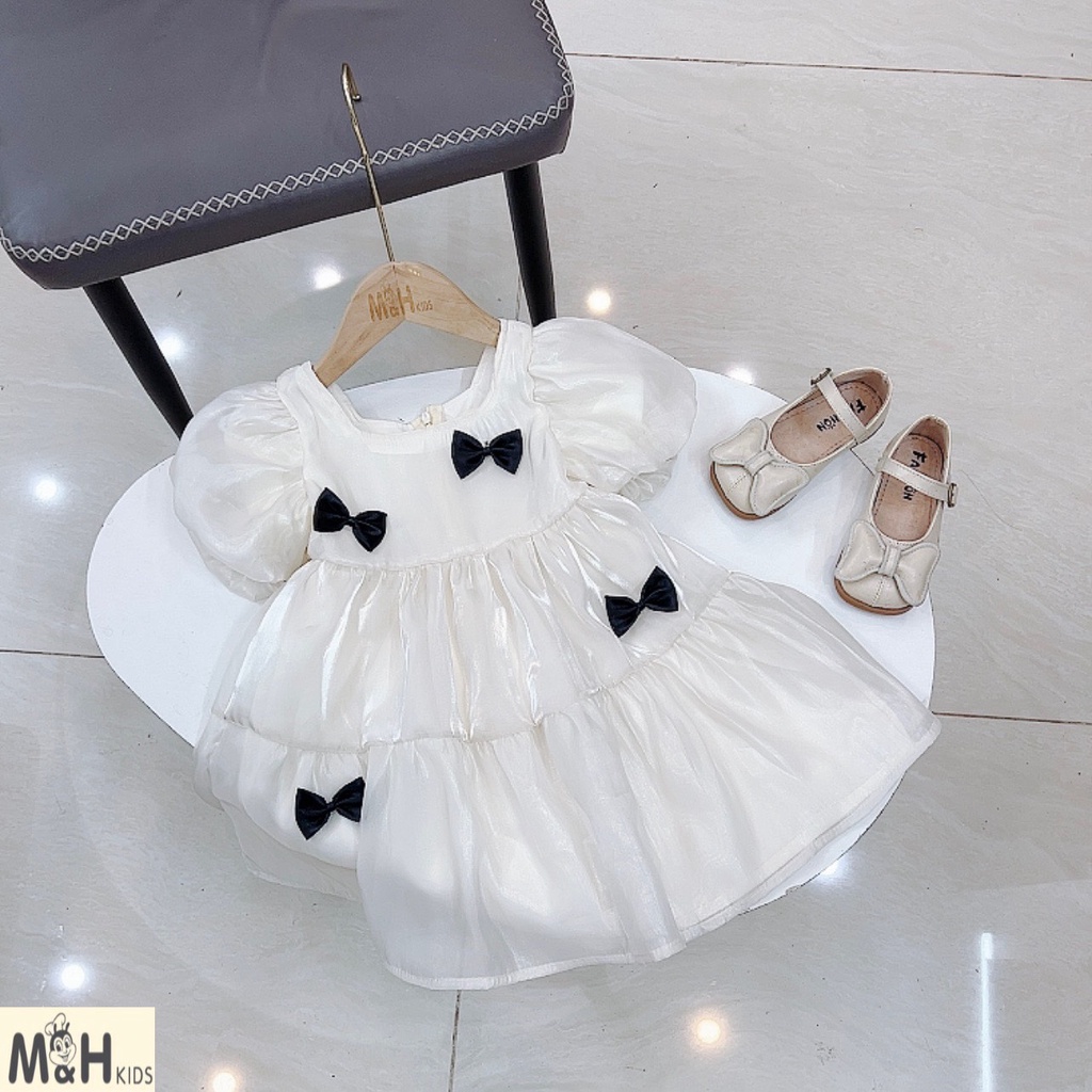 Đầm Trắng Lụa Tơ Đính Nơ Xinh Xắn Tiểu Thư Cho Bé NIAKI
