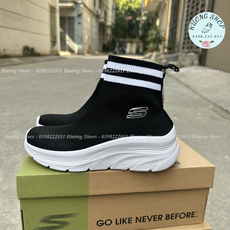 Giày Skechers Cổ Cao Viền Kẻ Đen Trắng êm nhẹ, dáng slipon đi siêu thích cho nữ
