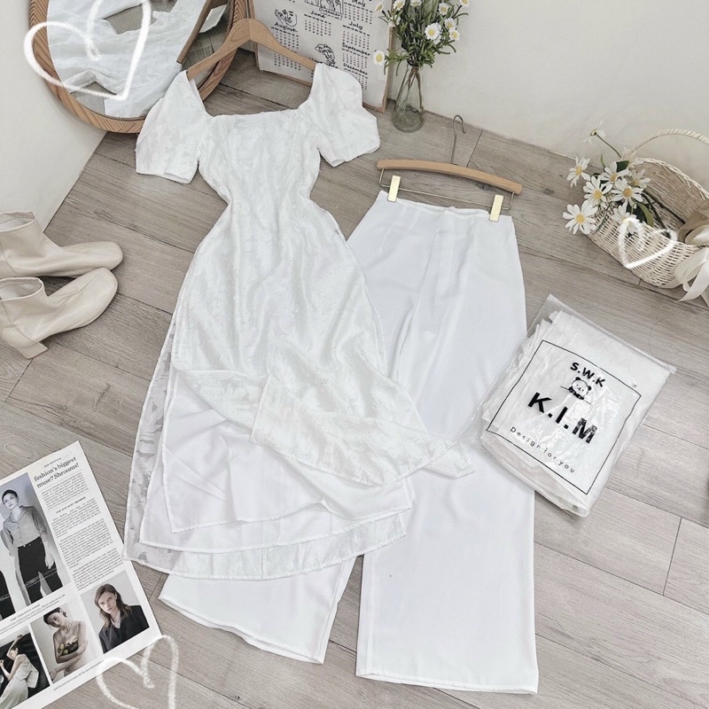 ✌️set áo dài gấm hoa 2 lớp + quần