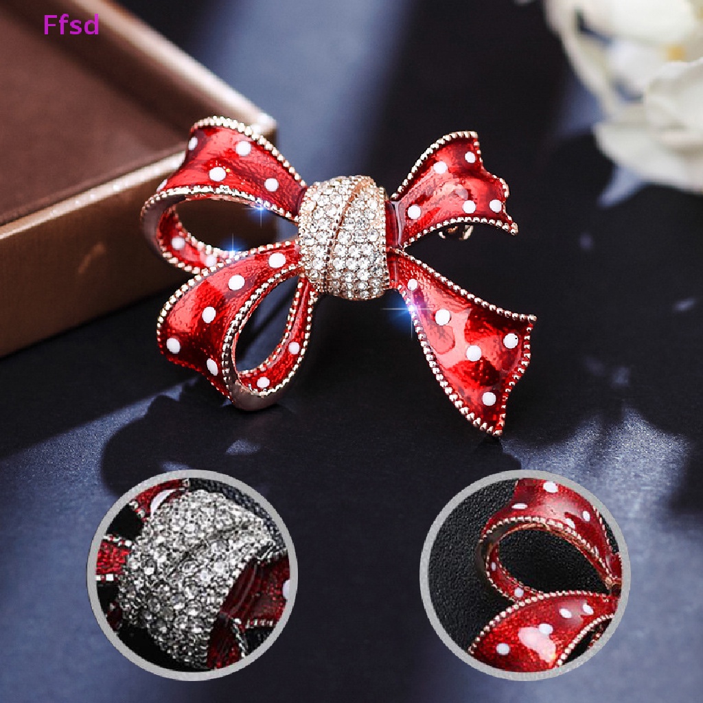 Ghim Cài Áo Hình Nơ Đính Đá Pha Lê Tráng Men Màu Đỏ Thời Trang Cho Nữ {Ffsd} {Ffsd}