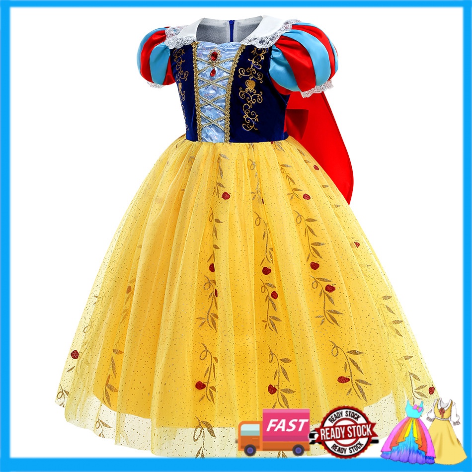Bộ Trang Phục Gồm Đầm Công Chúa Bạch Tuyết Phối Áo Choàng Lưới Đính Kim Sa + Găng Tay + Vương Miện Cho Bé Gái