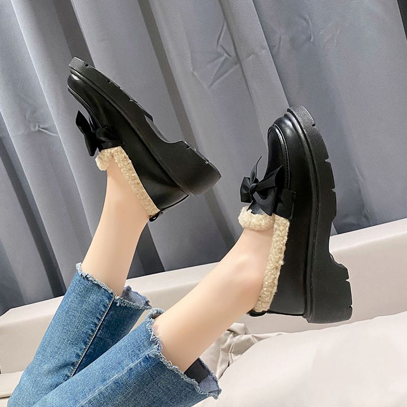 Giày Da Đế Dày Mềm Mại Lót Lông Cừu Đính Nơ Phong Cách Nhật Bản Thời Trang Thu Đông Cho Nữ