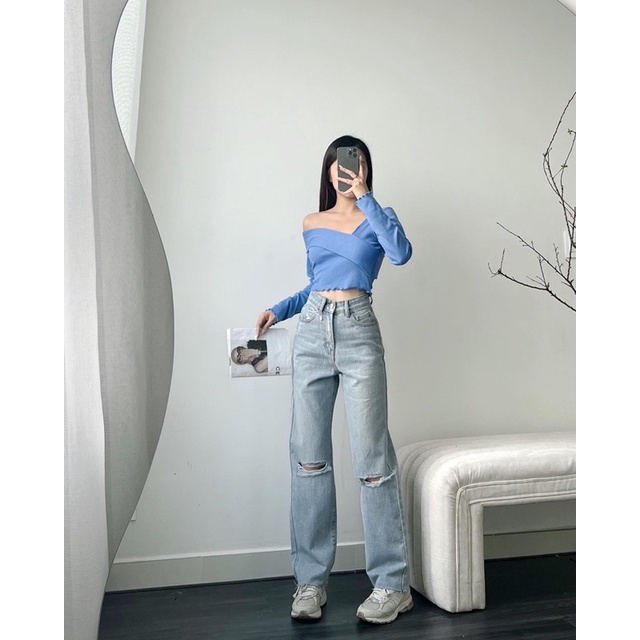 Quần jeans rách ống suông lai cắt lưng cao