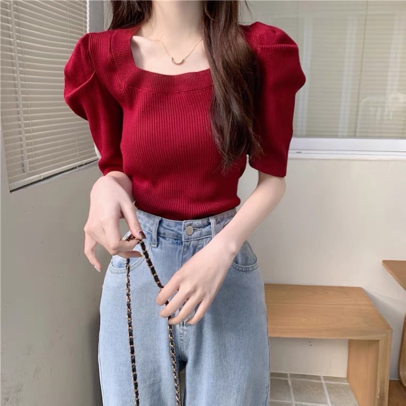 Áo len tay phồng cổ vuông nhiều màu , chất len dệt kim mềm mịn QC _ngọc loan shop.
