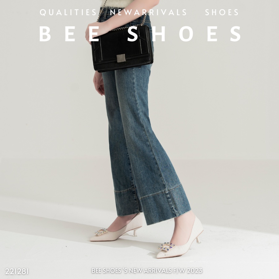 GIÀY CAO GÓT BEESHOES NỮ MŨI NHỌN - GIÀY CAO GÓT NỮ GÓT NHỌN CAO 5 PHÂN SẴN MÀU ĐEN - KEM 221281