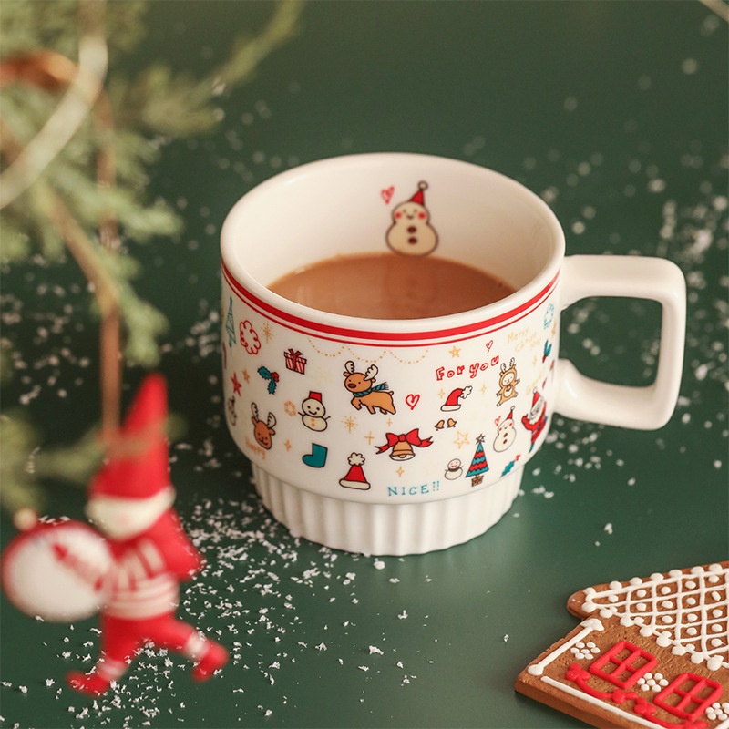 (CÓ SẴN) Bộ ly cốc, đĩa gốm sứ hoạ tiết Noel dung tích 350ml, quà tặng Giáng Sinh - 𝑯𝒐𝒊 𝑺𝒕𝒖𝒅𝒊𝒐𝒔