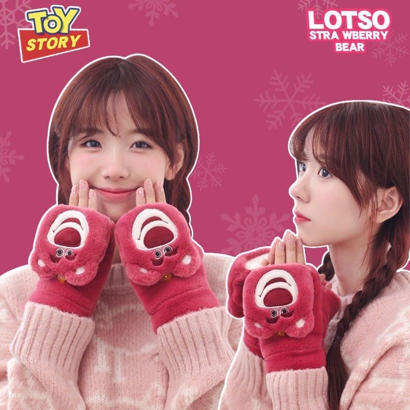 Mũ tai bèo vải lông cừu + Khăn bịt tai + Bao tay gấu dâu chống lạnh họa tiết gấu dâu