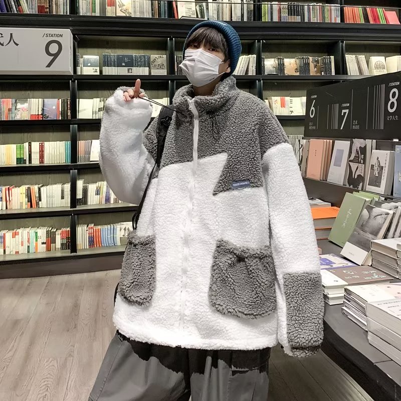 Áo Khoác Lông Cừu Cao Cấp Dáng Rộng Phối Màu Tương Phản Có Khóa Kéo Thời Trang Mùa Đông Phong Cách Hàn Quốc Cho Nam