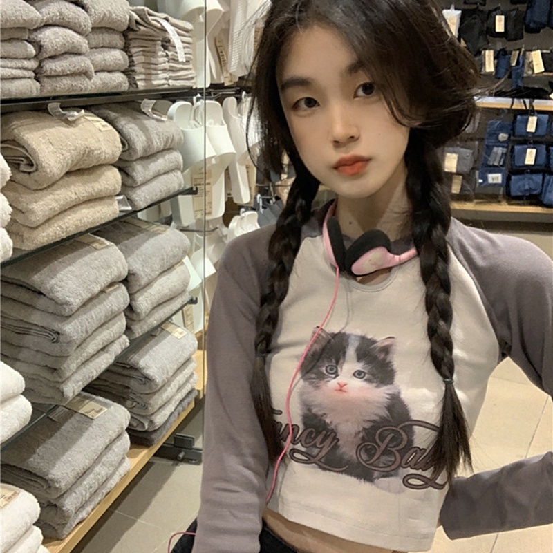 IELGY  IELGY Áo Thun Tay Dài Dáng Ôm In Hình Mèo Phong Cách Mỹ Cổ Điển Thời Trang Cho Nữ