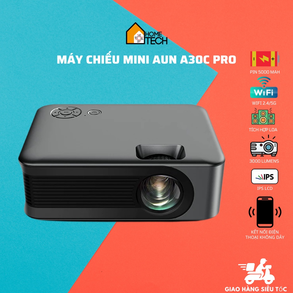 Máy chiếu phim MINI AUN A30C Pro tích hợp pin 5000 mAH, kết nối điện thoại không dây, loa 3W, độ sáng 3000 lumens