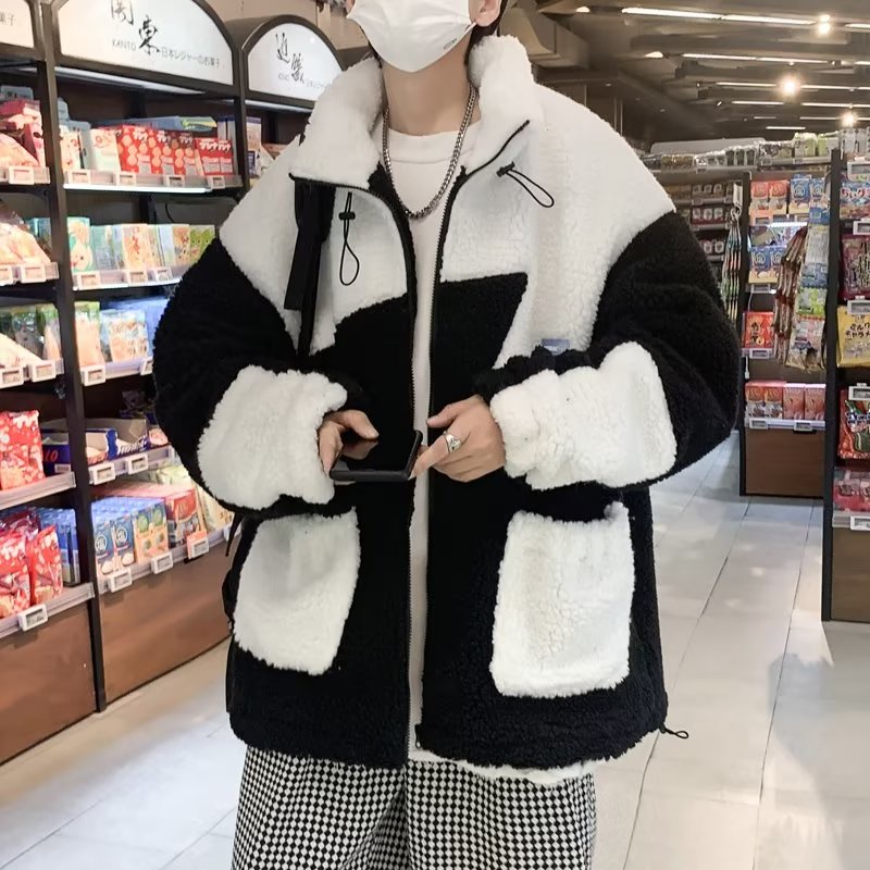 Áo Khoác Lông Cừu Cao Cấp Dáng Rộng Phối Màu Tương Phản Có Khóa Kéo Thời Trang Mùa Đông Phong Cách Hàn Quốc Cho Nam