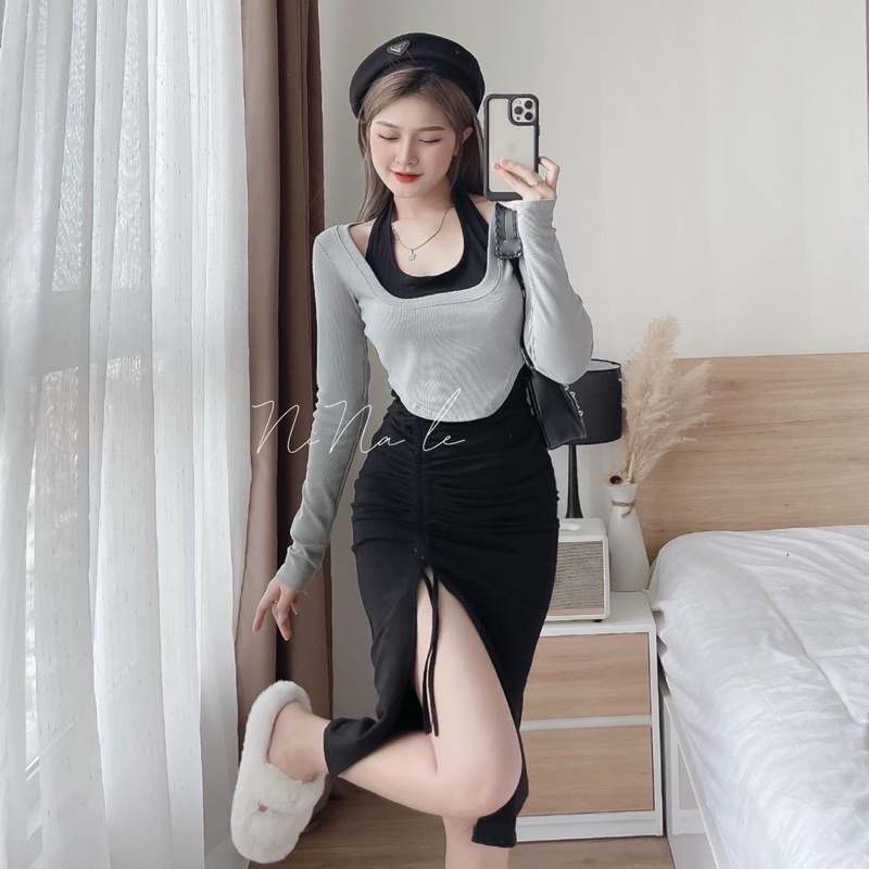 Đầm đi chơi Áo khoác croptop sang chảnh phối đầm body hở eo đính đá chun có dây xẻ tà bên hông 🧧🧧